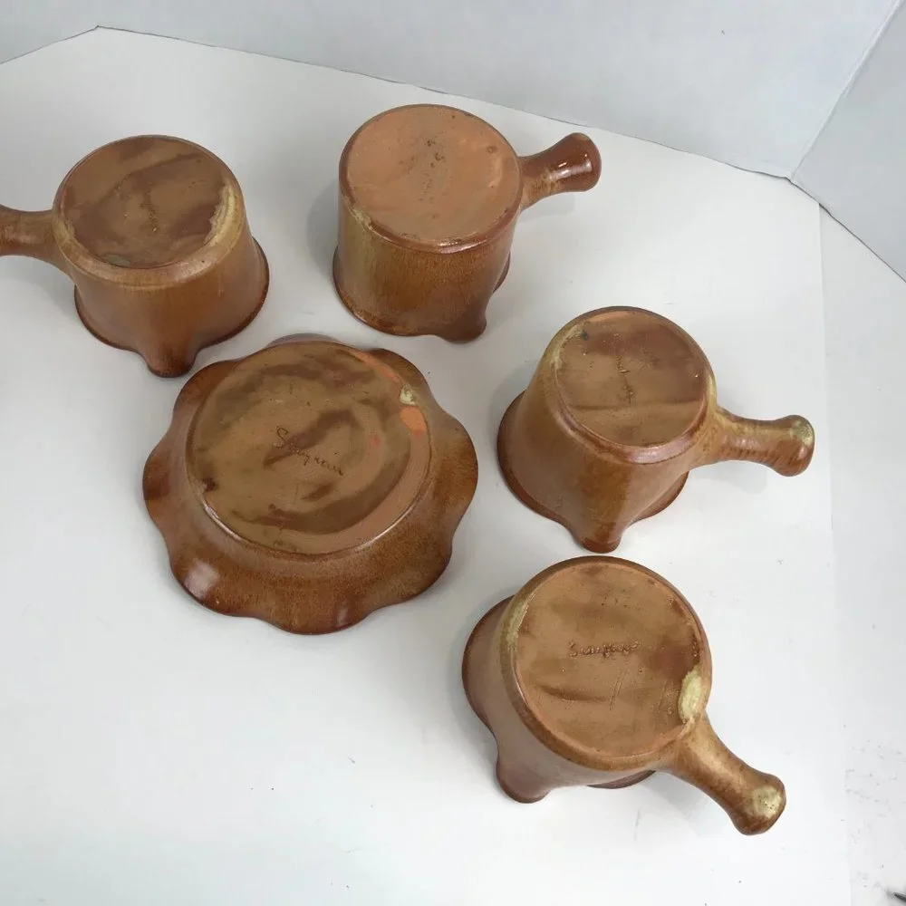 Signed, hand crafted Artisan pottery, 4 bowls, 1 plate/bowl